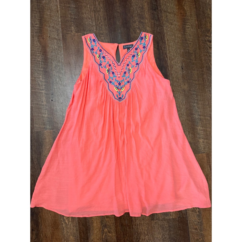 Luxology Coral Embroidered Sleeveless Swing Dress Size 10 Boho Lined